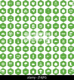 100 fruit icons hexagon green Stock Vector