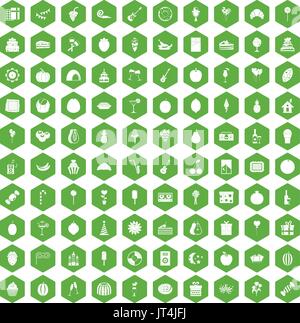 100 fruit party icons hexagon green Stock Vector