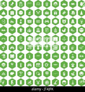 100 funny icons hexagon green Stock Vector