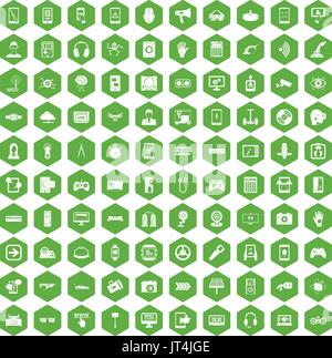 100 gadget icons hexagon green Stock Vector