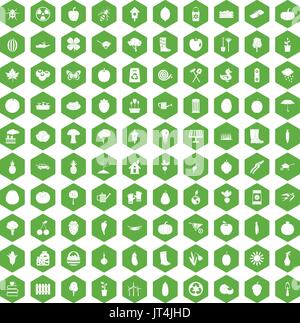 100 garden icons hexagon green Stock Vector