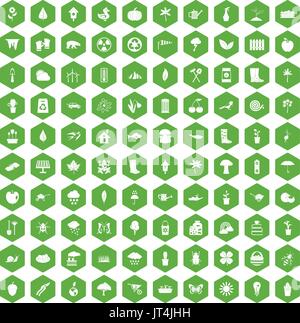 100 garden stuff icons hexagon green Stock Vector