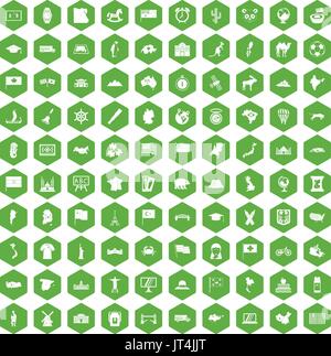 100 geography icons hexagon green Stock Vector