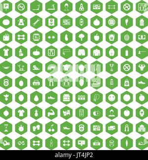 100 gym icons hexagon green Stock Vector