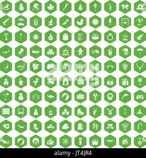 100 happy childhood icons hexagon green Stock Vector