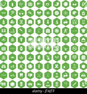 100 health icons hexagon green Stock Vector