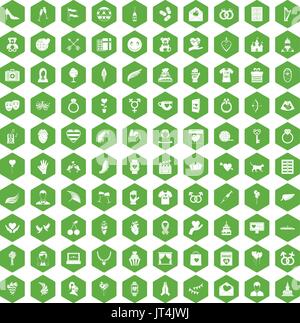 100 heart icons hexagon green Stock Vector