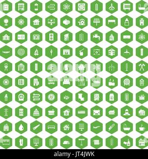 100 heating icons hexagon green Stock Vector