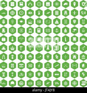 100 history icons hexagon green Stock Vector