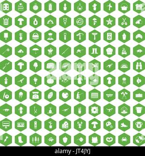 100 hobby icons hexagon green Stock Vector