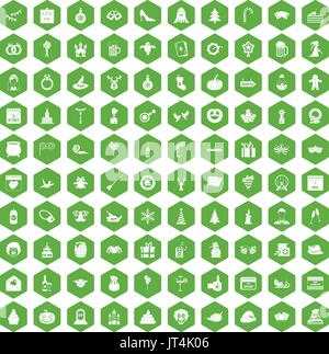 100 holidays icons hexagon green Stock Vector