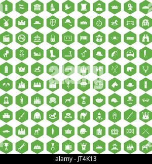 100 horsemanship icons hexagon green Stock Vector