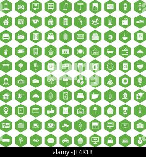 100 hotel icons hexagon green Stock Vector