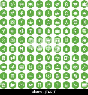 100 hotel services icons hexagon green Stock Vector