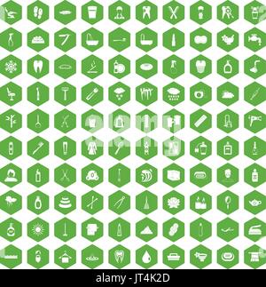 100 hygiene icons hexagon green Stock Vector