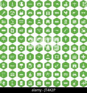 100 industry icons hexagon green Stock Vector