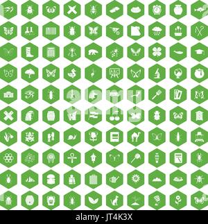 100 insects icons hexagon green Stock Vector