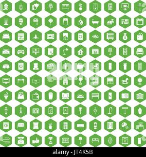 100 interior icons hexagon green Stock Vector