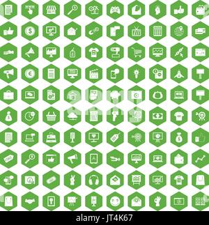 100 internet marketing icons hexagon green Stock Vector