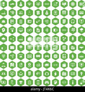 100 IT business icons hexagon green Stock Vector