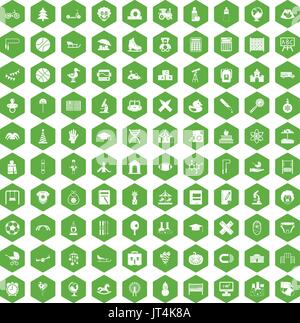 100 kids icons hexagon green Stock Vector
