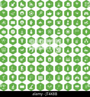 100 kids activity icons hexagon green Stock Vector