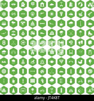 100 kids games icons hexagon green Stock Vector