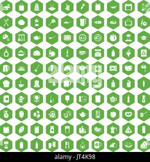 100 kitchen icons hexagon green Stock Vector