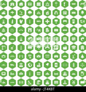 100 landscape element icons hexagon green Stock Vector