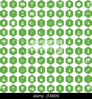 100 light source icons hexagon green Stock Vector