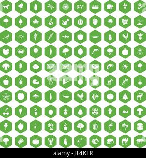 100 live nature icons hexagon green Stock Vector