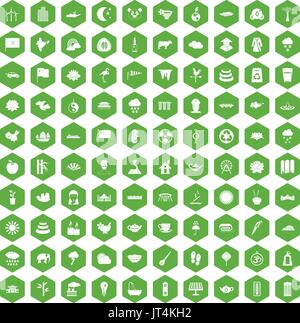 100 lotus icons hexagon green Stock Vector