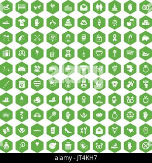 100 love icons hexagon green Stock Vector