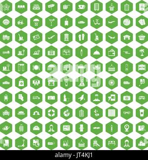 100 luggage icons hexagon green Stock Vector