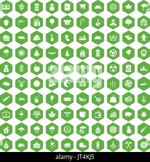 100 lumberjack icons hexagon green Stock Vector