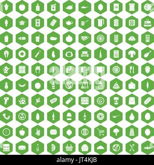 100 lunch icons hexagon green Stock Vector