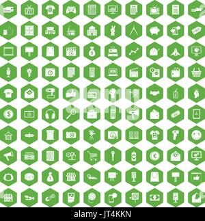 100 marketing icons hexagon green Stock Vector