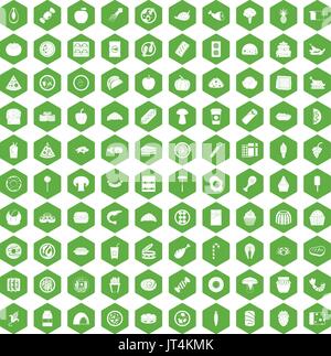 100 meal icons hexagon green Stock Vector