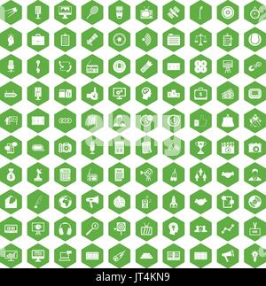100 media icons hexagon green Stock Vector