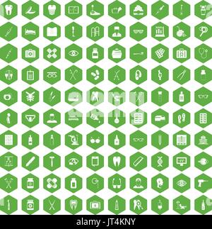 100 medical accessories icons hexagon green Stock Vector