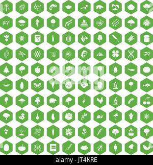 100 microbiology icons hexagon green Stock Vector
