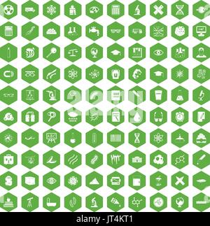 100 microscope icons hexagon green Stock Vector