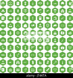 100 military icons hexagon green Stock Vector
