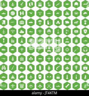 100 military resources icons hexagon green Stock Vector