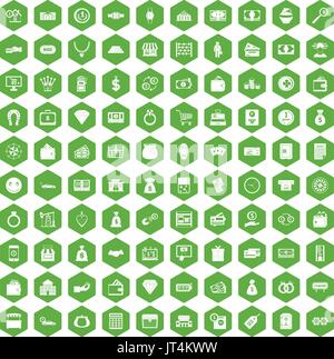 100 money icons hexagon green Stock Vector