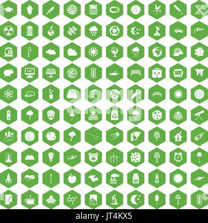 100 moon icons hexagon green Stock Vector