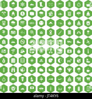 100 mountaineering icons hexagon green Stock Vector