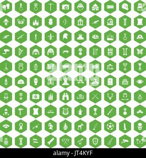 100 museum icons hexagon green Stock Vector