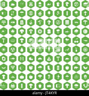 100 mushrooms icons hexagon green Stock Vector