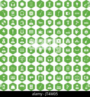 100 music icons hexagon green Stock Vector